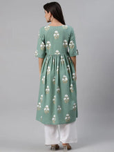 Women Cotton Green Floral Printed A Line Kurti 1